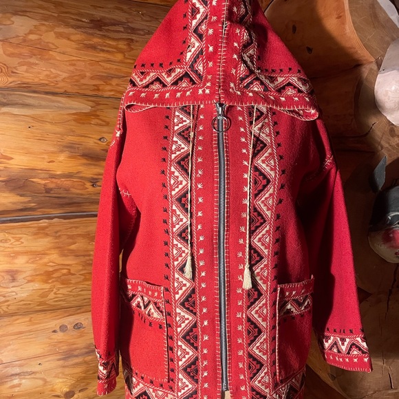 Jackets & Blazers - Red Hooded vintage Jacket with Geometric embroidered Patterns